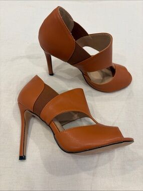 Jolimall Sleek Tan Cutout Stiletto Heels with Peep Toe